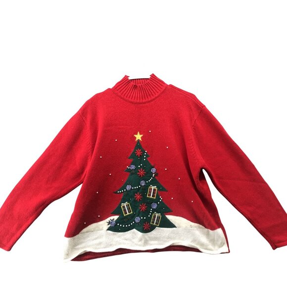 Vintage Ugly Christmas Sweater Womens XL Christmas Tree Mock Neck Embroidered - Picture 1 of 10